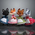 Cute Fox Doll Characters Wearing Colorful Dresses With Various Patterns Standing Together On Reflective Surface