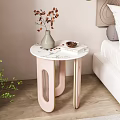 Pink Side Table White Marble Top Vase Brown Leaves in Bedroom White Bed Pendant Lights