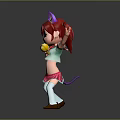 Happy Child With Red Hair Pigtails Purple Cat Ears Yellow Top Dancing In Pink Skirt