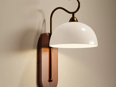 Elegant Modern Wall Lamp With Wooden Base Brass Arm And White Shade 3d model