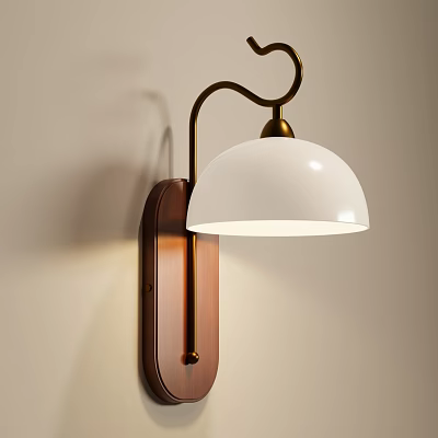 Elegant Modern Wall Lamp With Wooden Base Brass Arm And White Shade 3d model