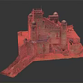 Cartoon Castle Scene With Towers Domes Stone Walls And Green Grass