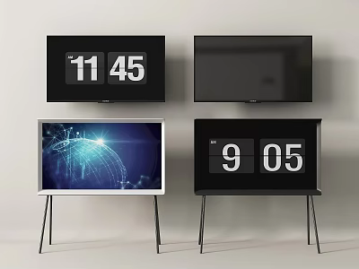 Modern TVs On Stands With Digital Clocks 11 45 9 05 And Globe Graphic Screen 3d model
