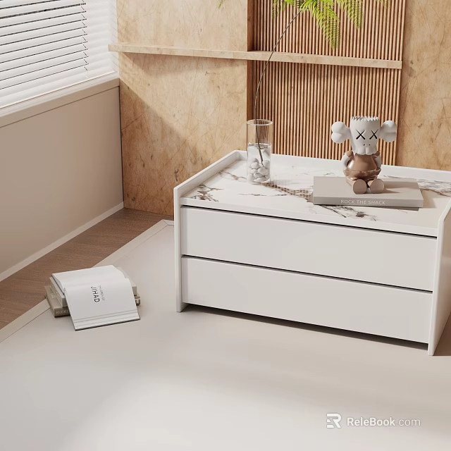 White Modern Nightstand with Marble Top Drawers Glass Tumbler Decorative Figure and Book 3d model 