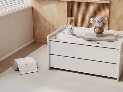 White Modern Nightstand with Marble Top Drawers Glass Tumbler Decorative Figure and Book 3d model