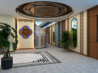 Traditional Hallway Interior With Round Ceiling Blue Patterned Ornament And Plants 3d model