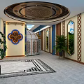 Traditional Hallway Interior With Round Ceiling Blue Patterned Ornament And Plants