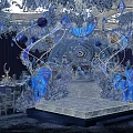 Luxurious Restaurant Interior With Blue Lighting Crystal Decor Circular Chandeliers Elephant Sculptures And Tiered Stage