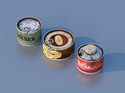 Assorted Canned Food Containers With Pickles Pate And Peas On Blue Surface 3d model