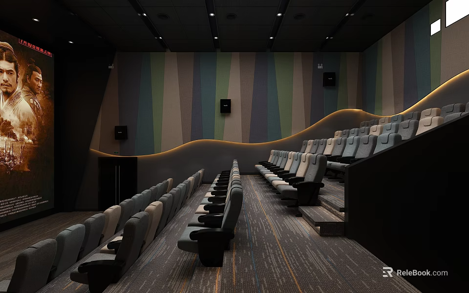 Modern Cinema Interior With Arranged Seats Decorative Striped Walls And Soft Ambient Lighting 3d model 
