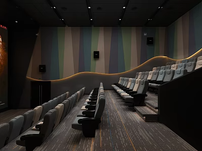 Modern Cinema Interior With Arranged Seats Decorative Striped Walls And Soft Ambient Lighting 3d model