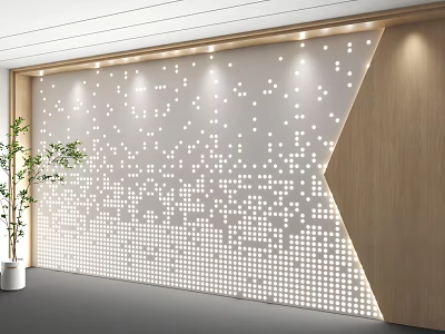 Modern Background Wall With White Dot Arrow Pattern Wooden Sides Green Plant Ceiling Light Strips 3d model
