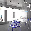 Modern Interior Space Featuring Transparent Chairs Blue Bases White Table Collectible Figures And Pendant Lights