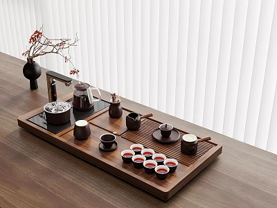 Wooden Tea Tray With Teapot Cups And Vase On Table Near Blinds 3d model