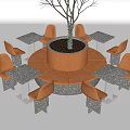 Modern Circular Public Seating With Central Tree Orange Chairs And Gray Tables 3d model
