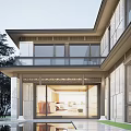 Modern Detached Villa Exterior With Large Glass Windows Stone Walls Balcony And Pool Reflection