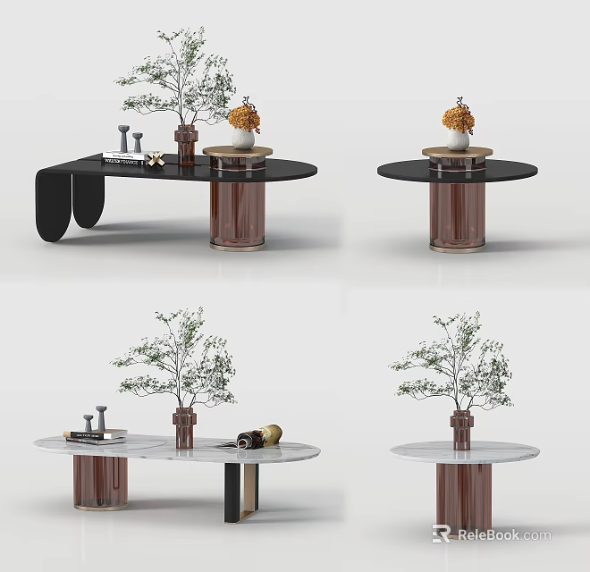 Modern Round Coffee Table With Marble Top Brown Base And Decorative Plants 3d model