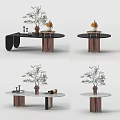 Modern Round Coffee Table With Marble Top Brown Base And Decorative Plants 3d model