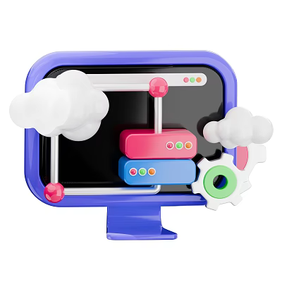 Blue Desktop Computer Monitor Display With Cloud Services Colorful Modules And Gear 3d model