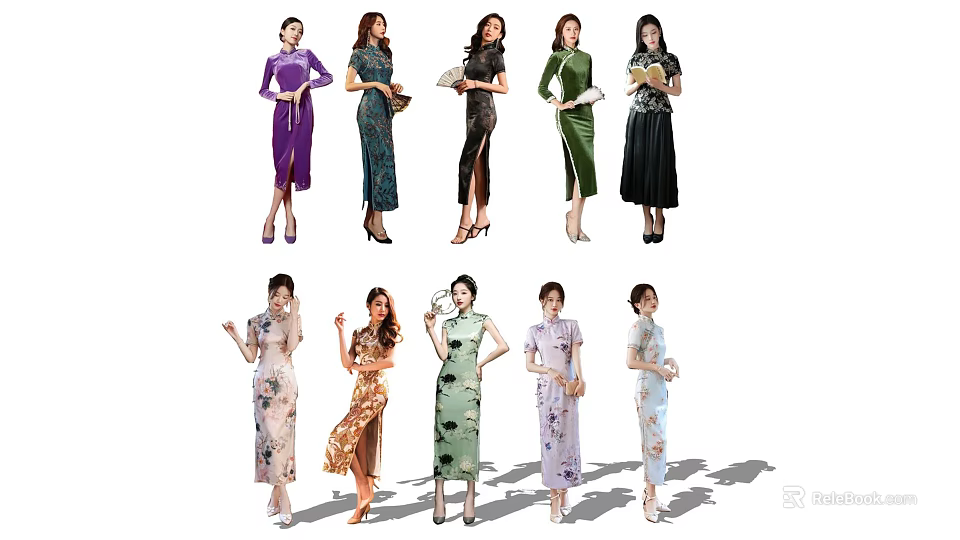 Group of Women Wearing Traditional Cheongsam Dresses in Various Colors and Styles 3d model 
