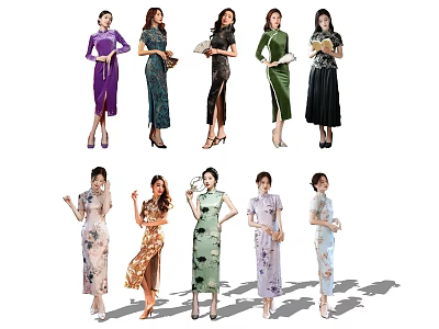 Group of Women Wearing Traditional Cheongsam Dresses in Various Colors and Styles 3d model