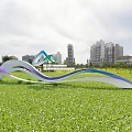 Green Blue White Arch Structure Billboard In Zhuanglang District Renli Park On Grassland With Sky