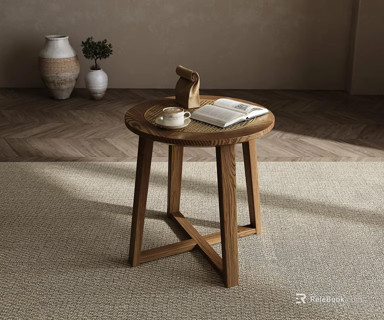 Wooden Side Table With Round Top Cross Legs On Rug With Coffee Cup And Notebook 3d model 