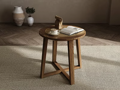 Wooden Side Table With Round Top Cross Legs On Rug With Coffee Cup And Notebook 3d model