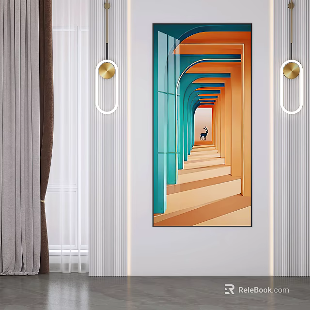 Modern Corridor Interior Design With Colorful Geometric Artwork And Hanging Lights 3d model 