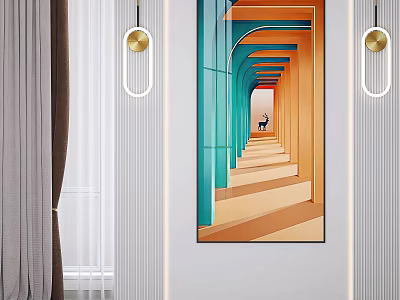 Modern Corridor Interior Design With Colorful Geometric Artwork And Hanging Lights 3d model