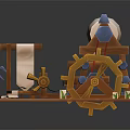 Medieval Wooden Weaving Machine With Scrolls Gears And Water Flow Components 3d model