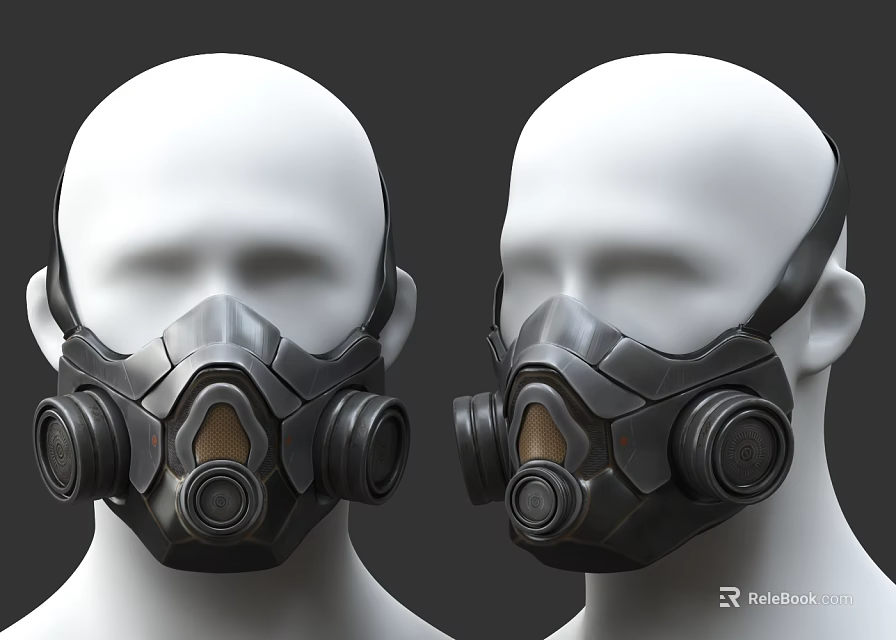 Tactical Gas Masks Worn On White Mannequin Heads With Straps And Filters 3d model 
