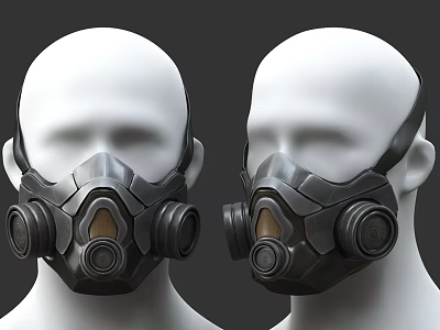 Tactical Gas Masks Worn On White Mannequin Heads With Straps And Filters 3d model