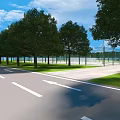 Outdoor Sports Facility With Basketball Courts Green Surfaces Fences Trees And Blue Sky