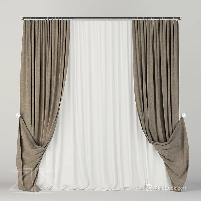Elegant Brown Curtains With White Sheer Layers And Soft Draped Design 3d model