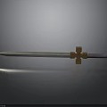 Medieval Weapon Sword With Metal Blade Golden Cross Guard And Purple Hilt On Reflective Surface