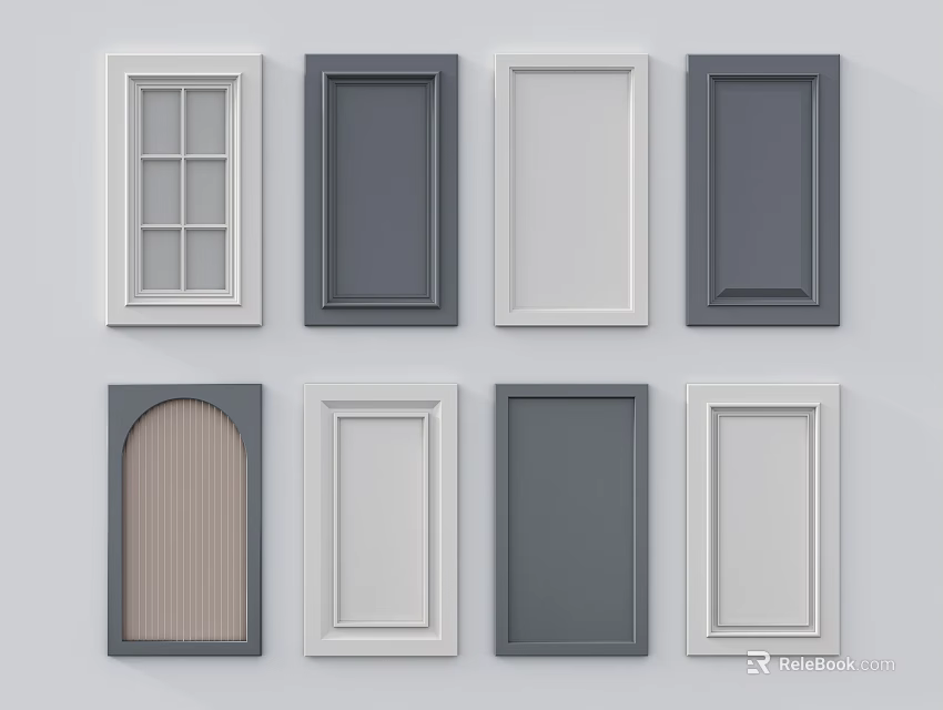 Various Door Panel Designs With Windowpane Arched And Solid Styles In White Gray Dark Gray 3d model