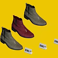 Beige and Red Ankle Boots on Clear Display Shelves with Price Tags