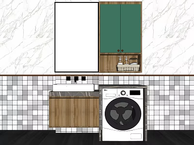 Contemporary Bathroom Sink Area with Marble Wall Green Cabinets Wooden Vanity and Washing Machine 3d model
