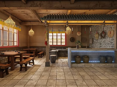 Traditional Chinese Dining Space With Wooden Structure Tile Roof Lanterns And Clay Pots 3d model
