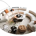 Modern Curved Sofa Coffee Table Set with Beige Fabric Round Table Ottoman Pillows and Patterned Rug