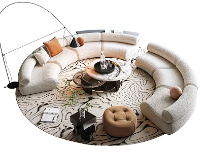 Modern Curved Sofa Coffee Table Set with Beige Fabric Round Table Ottoman Pillows and Patterned Rug 3d model