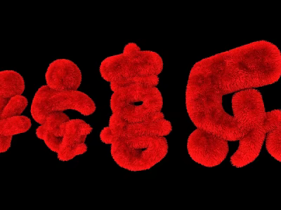 Red Plush Art Installation With Chinese Character Shapes Against Black Background 3d model
