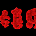 Red Plush Art Installation With Chinese Character Shapes Against Black Background
