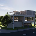 Modern Building Exterior View With Water Pool Flying Birds And Green Trees