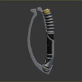 Tactical Curved Blade Weapon With Metal Construction And Golden Accents On Segmented Handle
