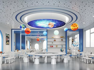 Space Themed Kindergarten Interior With Starry Ceiling Planet Decorations White Tables And Blue Walls 3d model