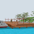 Scenic Marina Landscape Featuring White Yachts Wooden Deck Green Lawn Trees And Steps