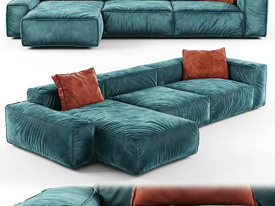 Modular Teal Velvet Sectional Sofa with Orange Cushions in Modern Living Room Interior 3d model