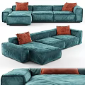 Modular Teal Velvet Sectional Sofa with Orange Cushions in Modern Living Room Interior